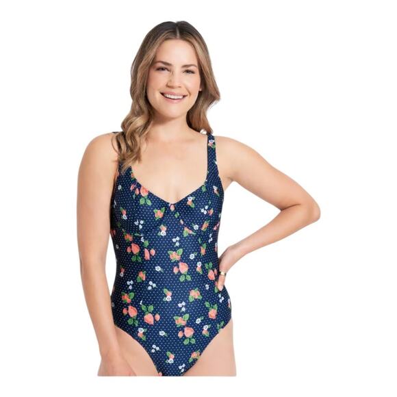 Modcloth NIP Brandy Underwire Blue Fruit Polka Dots Print One-Piece Swimsuit XS - Picture 1 of 12